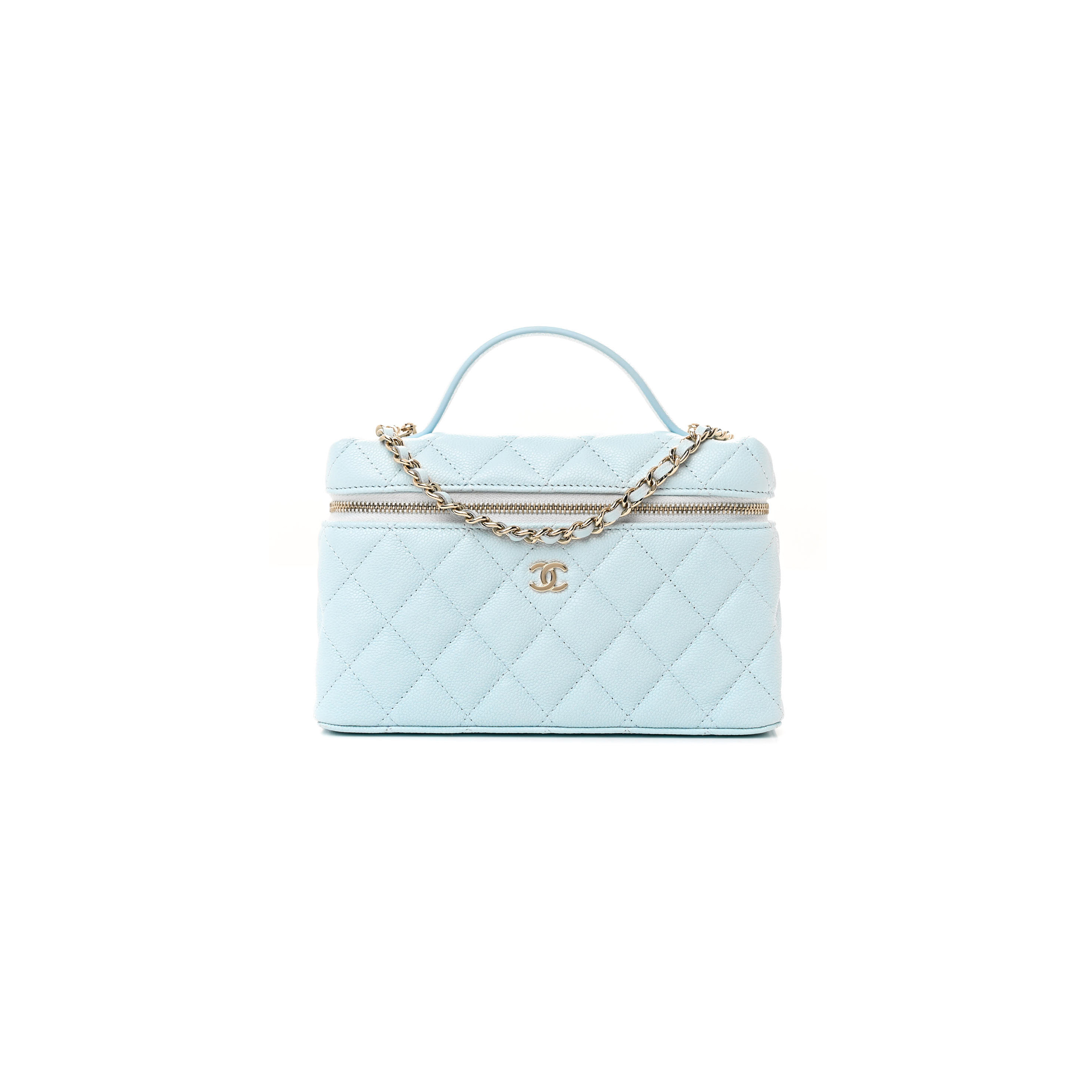 CHANEL CC TOP HANDLE LONG VANITY CASE WITH CHAIN SHINY CAVIAR LIGHT GOLD HARDWARE LIGHT BLUE AP4385 B10583 (19.5*17*5cm)